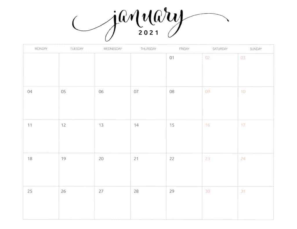 2021 Monthly Calendar Monday Start - World of Printables