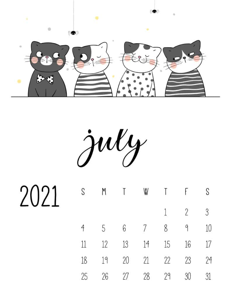 July 2021 Calendar Cute Cats