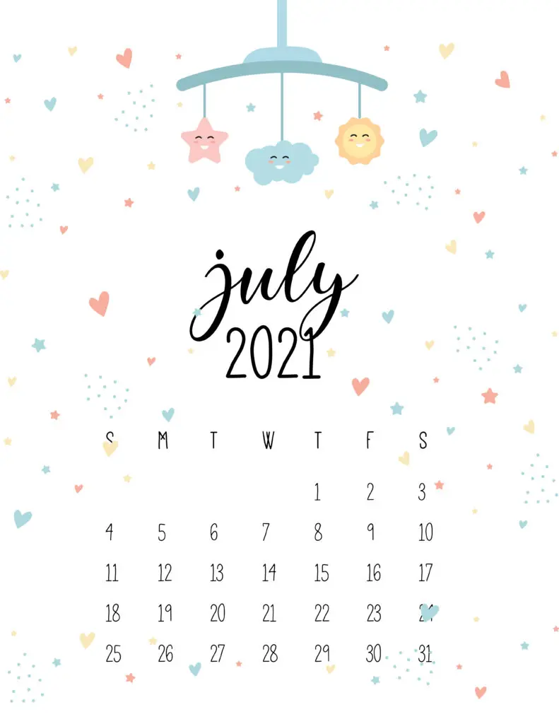 July 2021 Calendar Cute Nursery Mobile