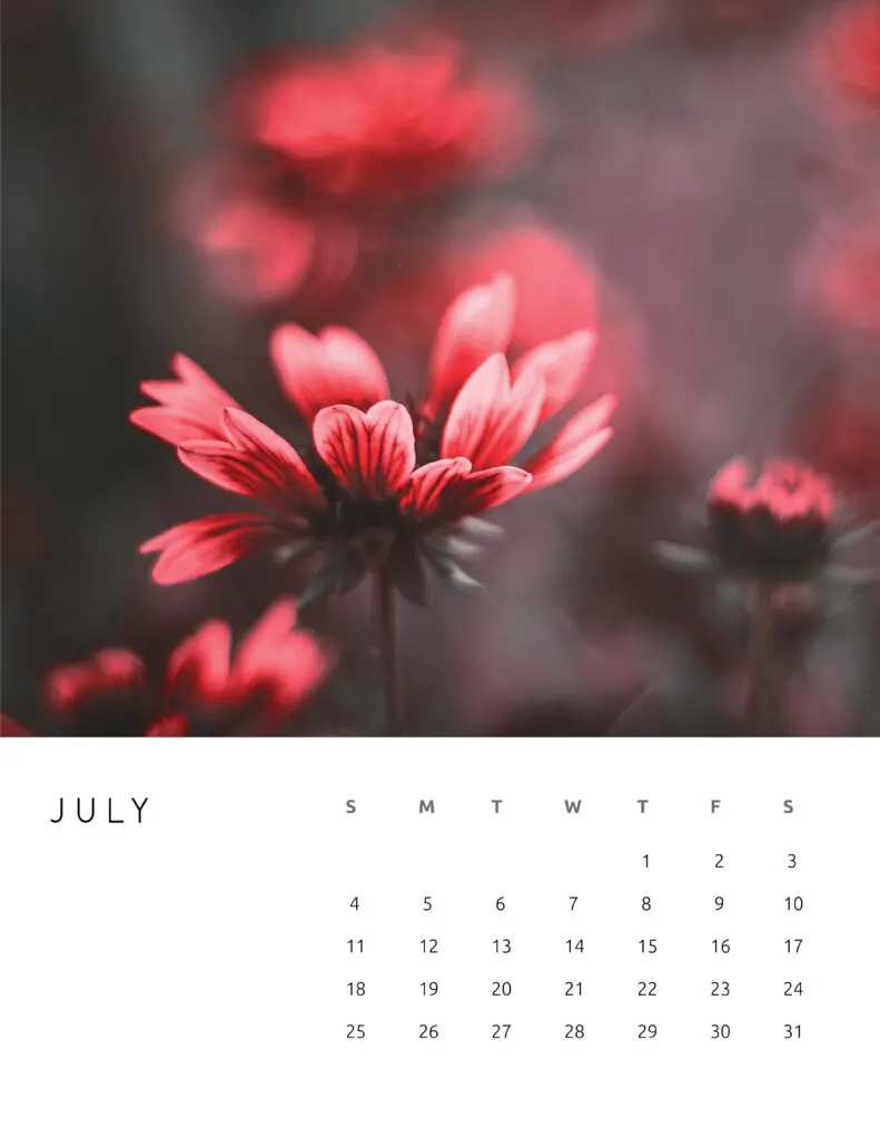 July 2021 Calendar Floral Photography
