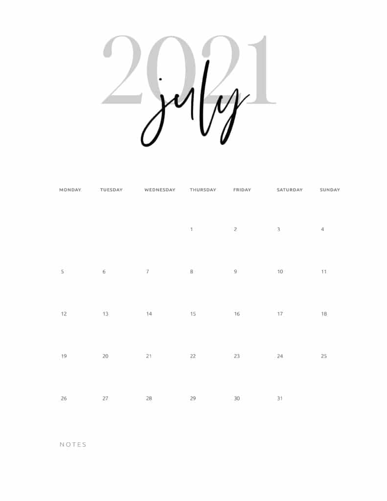 July 2021 Calendar Printable Cursive