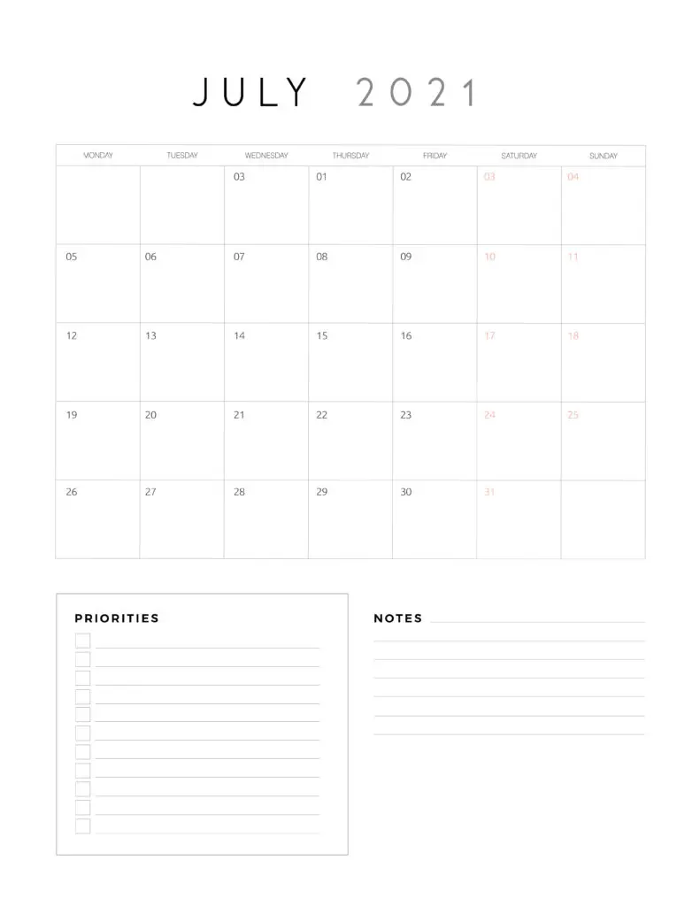 July 2021 Calendar With Priorities And Notes