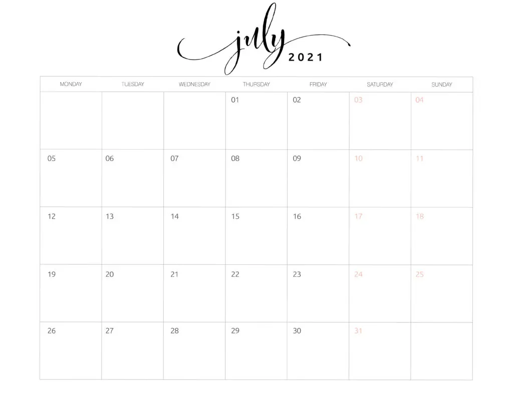 July 2021 Monthly Calendar Monday Start