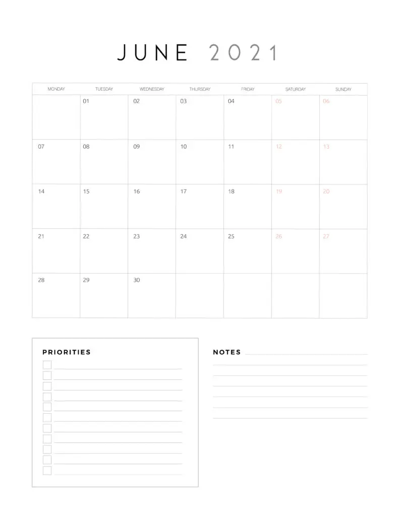 June 2021 Calendar With Priorities And Notes
