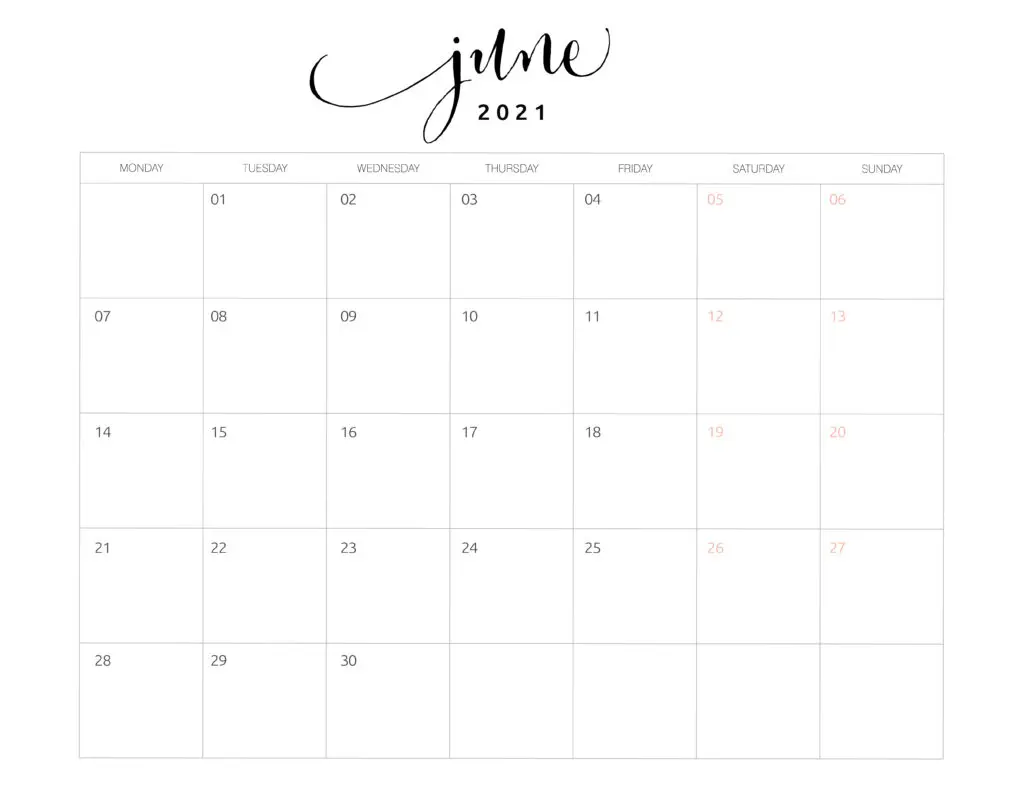 June 2021 Monthly Calendar Monday Start