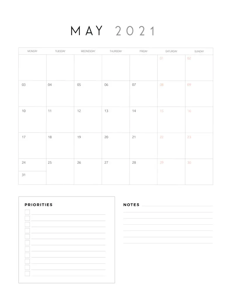May 2021 Calendar With Priorities And Notes