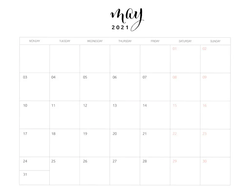 May 2021 Monthly Calendar Monday Start