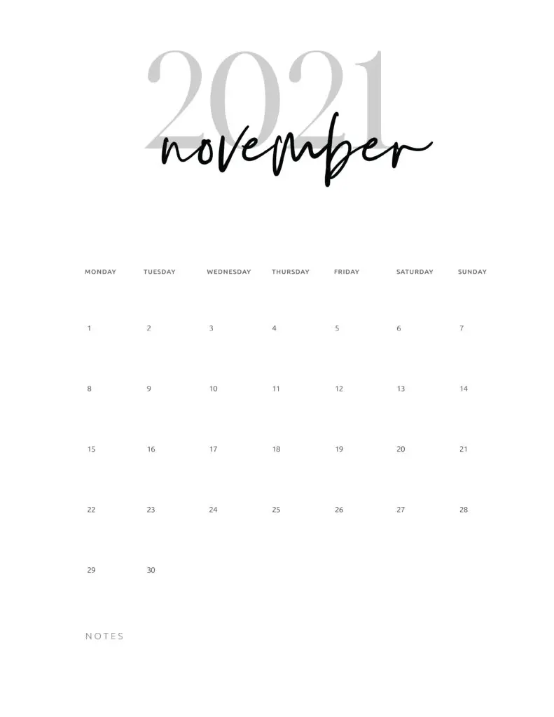 November 2021 Calendar Printable Cursive