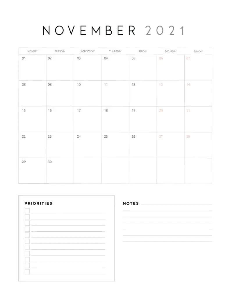November 2021 Calendar With Priorities And Notes