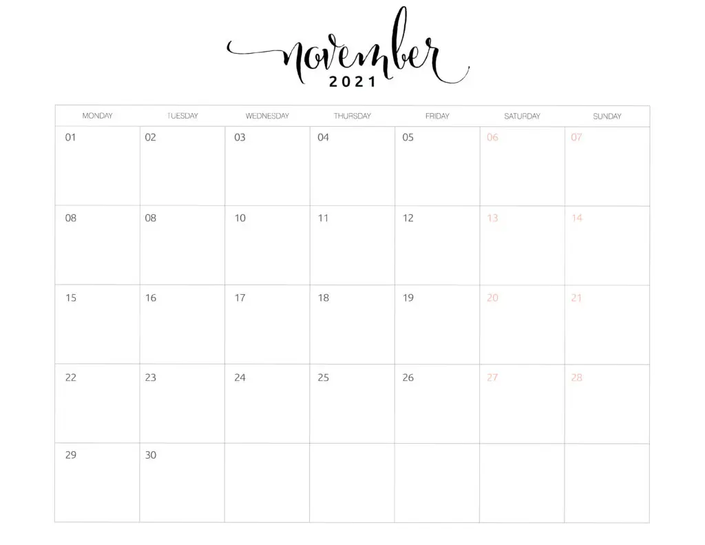 November 2021 Monthly Calendar Monday Start