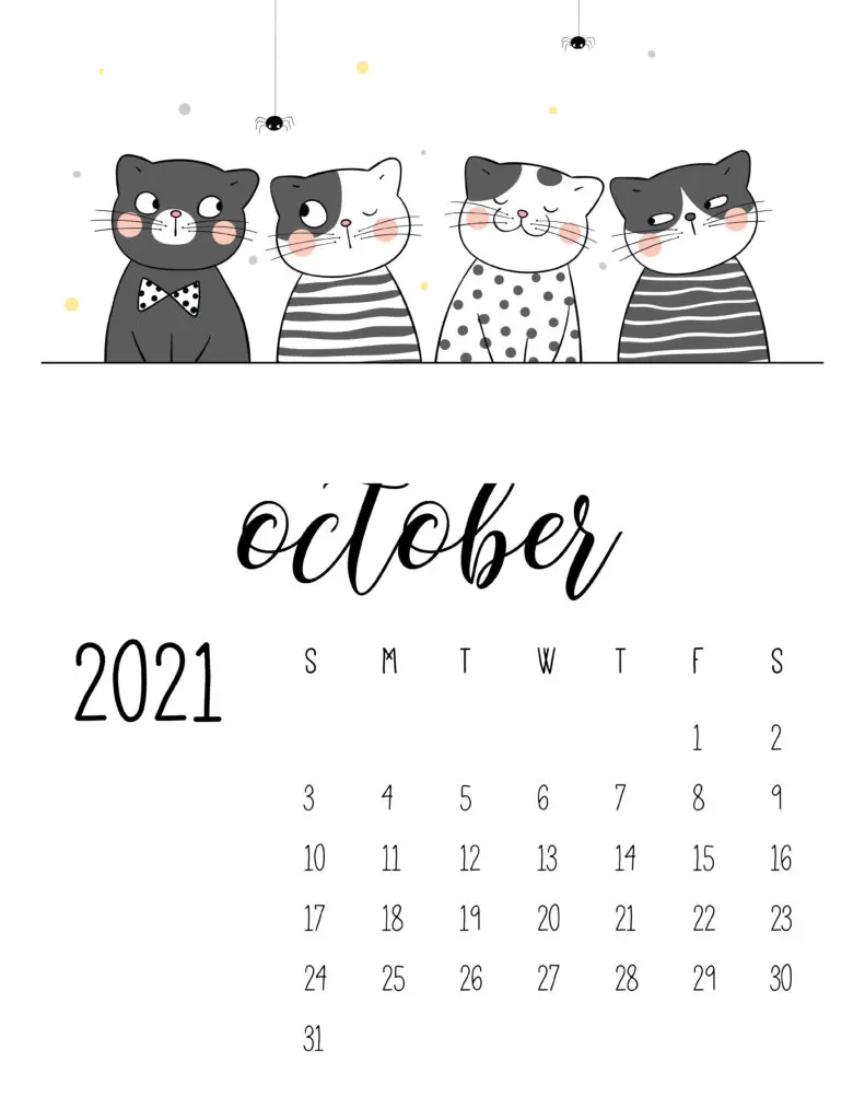 October 2021 Calendar Cute Cats