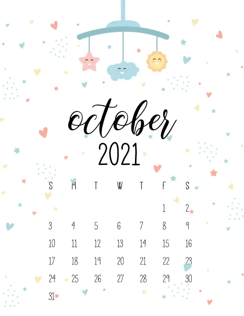 October 2021 Calendar Cute Nursery Mobile
