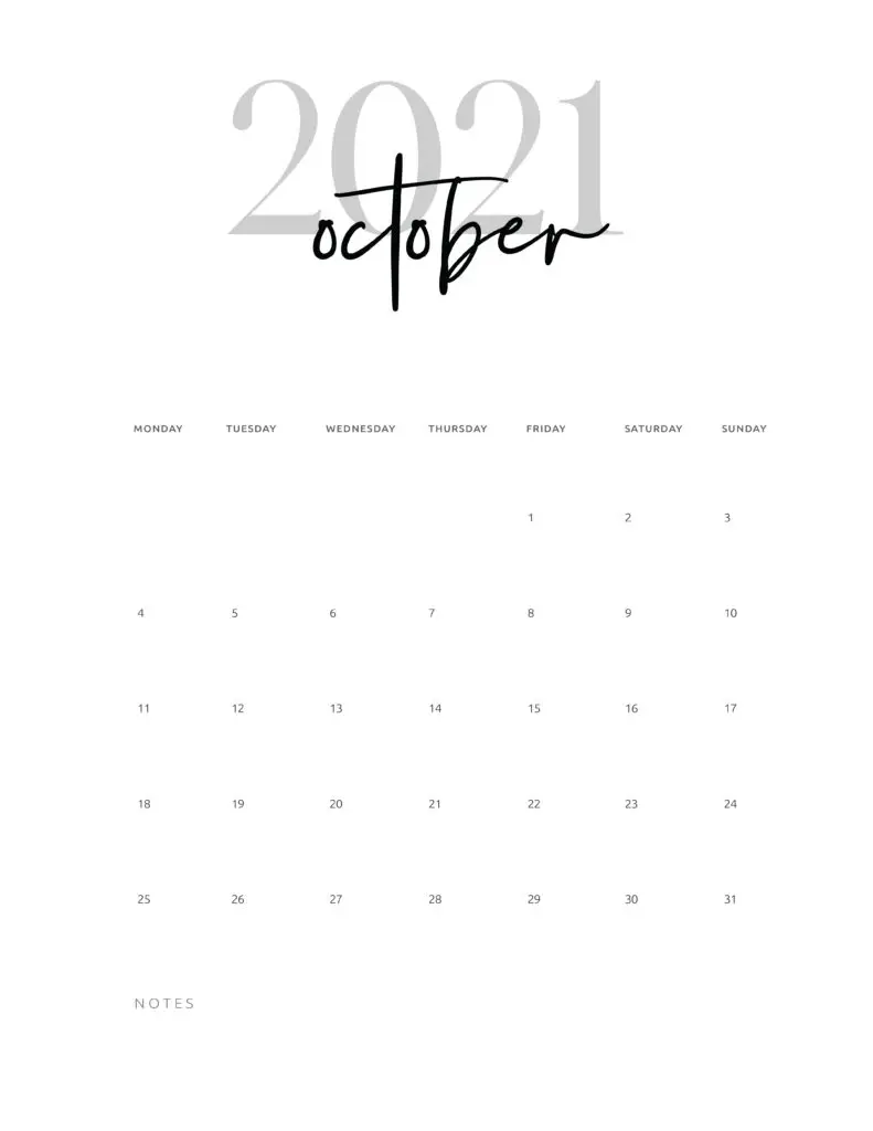 October 2021 Calendar Printable Cursive