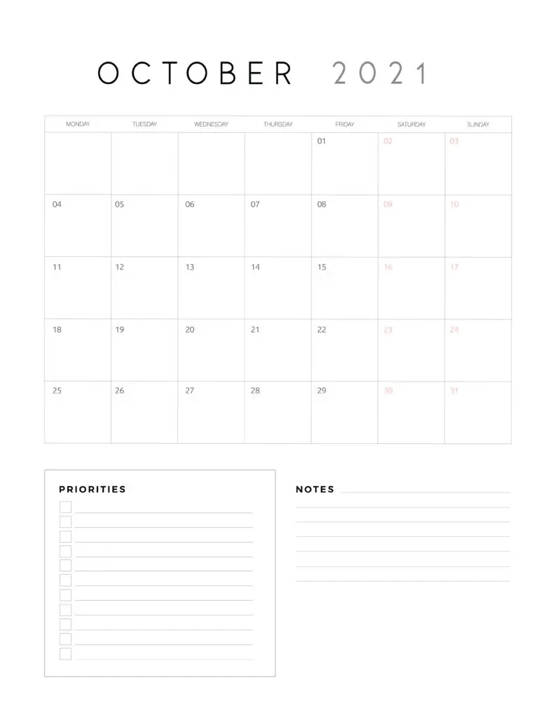 October 2021 Calendar With Priorities And Notes