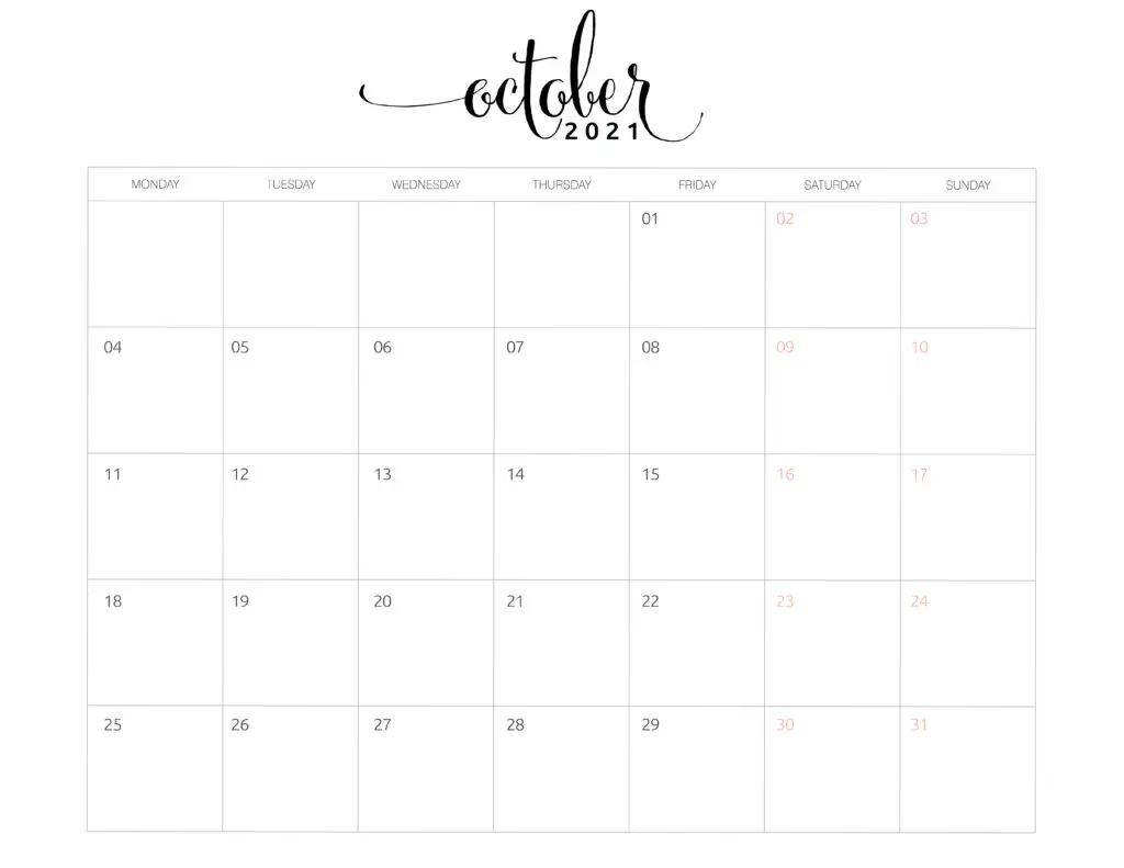 October 2021 Monthly Calendar Monday Start