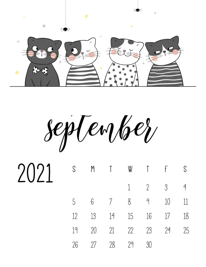 September 2021 Calendar Cute Cats