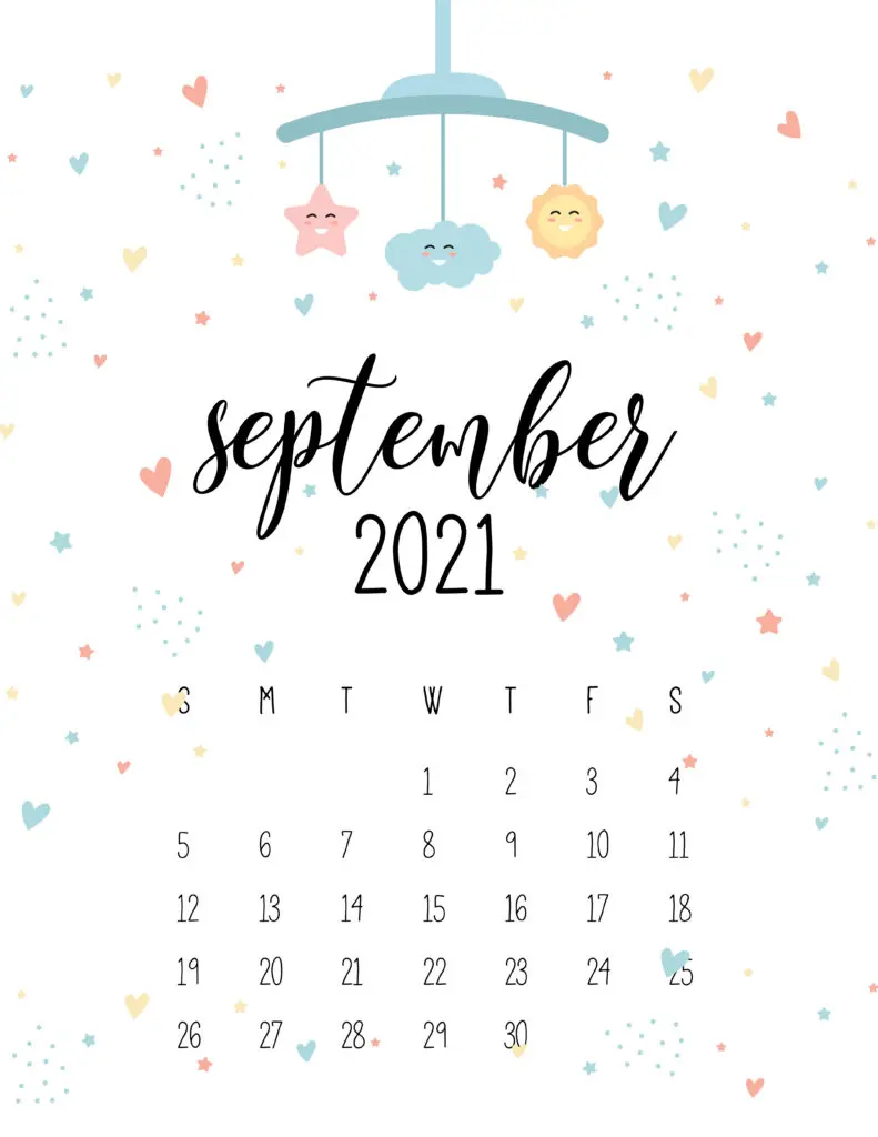 September 2021 Calendar Cute Nursery Mobile