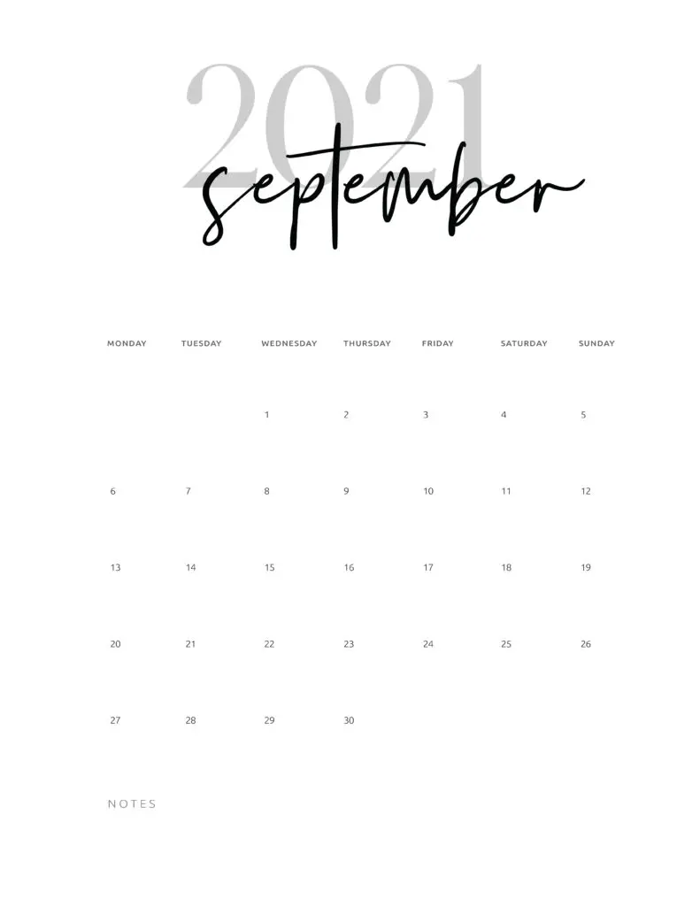 September 2021 Calendar Printable Cursive