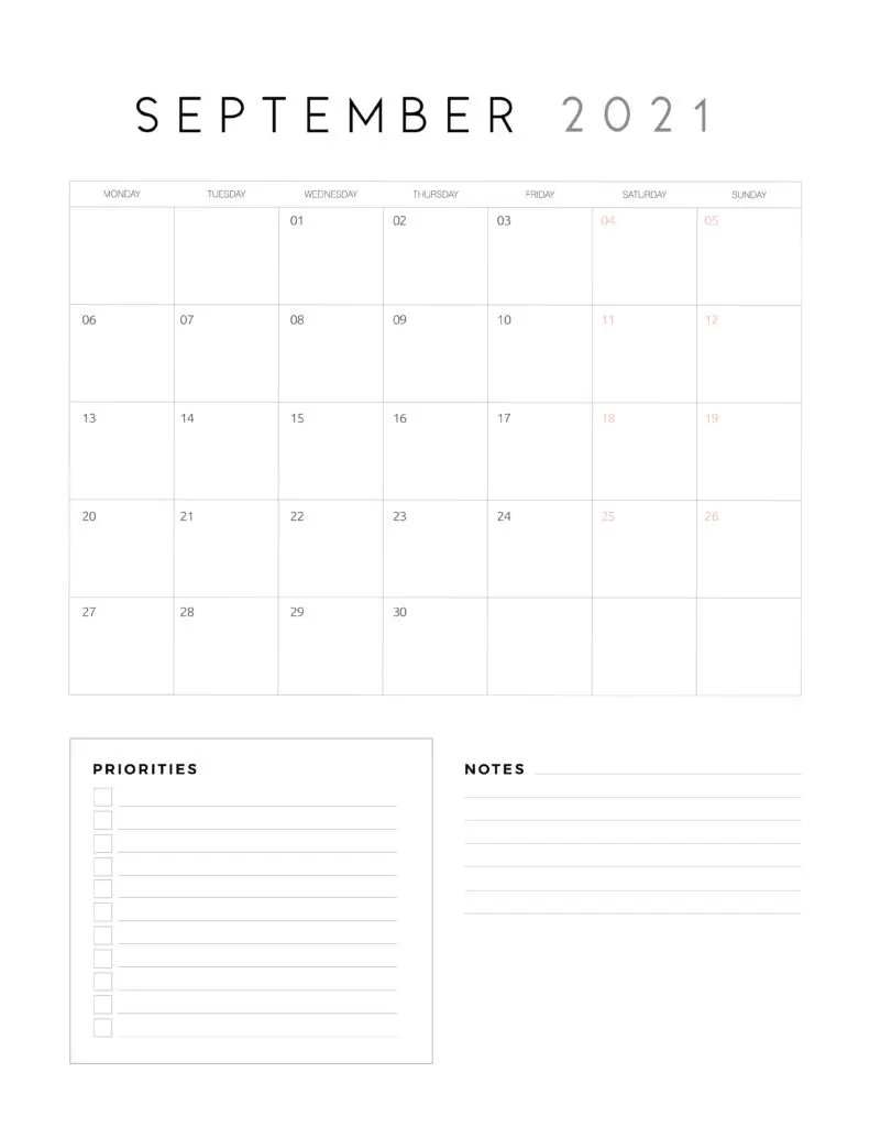 September 2021 Calendar With Priorities And Notes