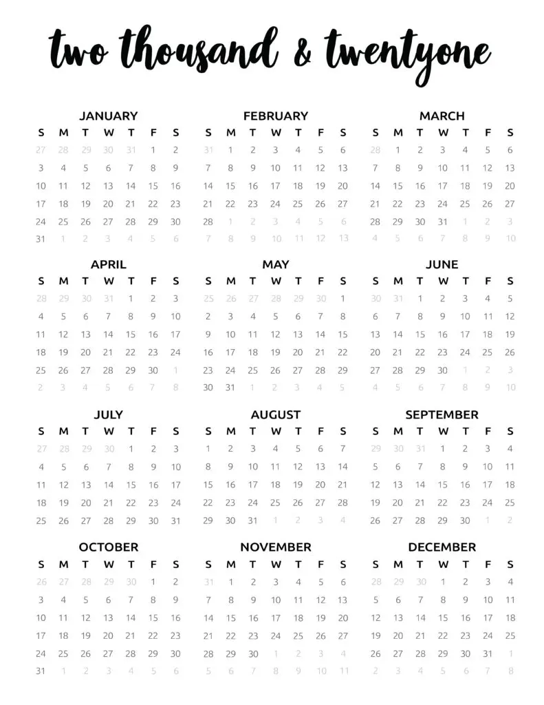 Typographic One Page 2021 Calendar