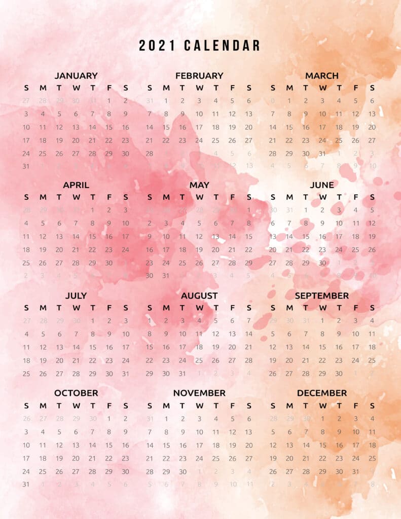 Watercolor 2021 One Page Calendar