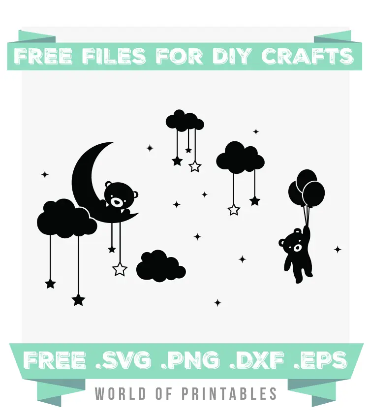 Teddy Bear in Stars and Clouds Free SVG Files PNG DXF EPS