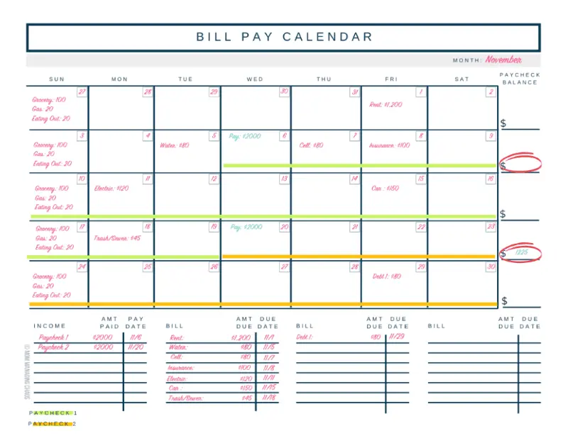 budgeting and bill pay calendar