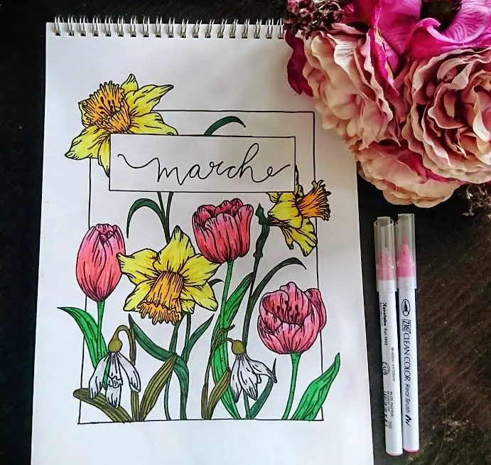 Spring Flower Bullet Journal March Cover Page
