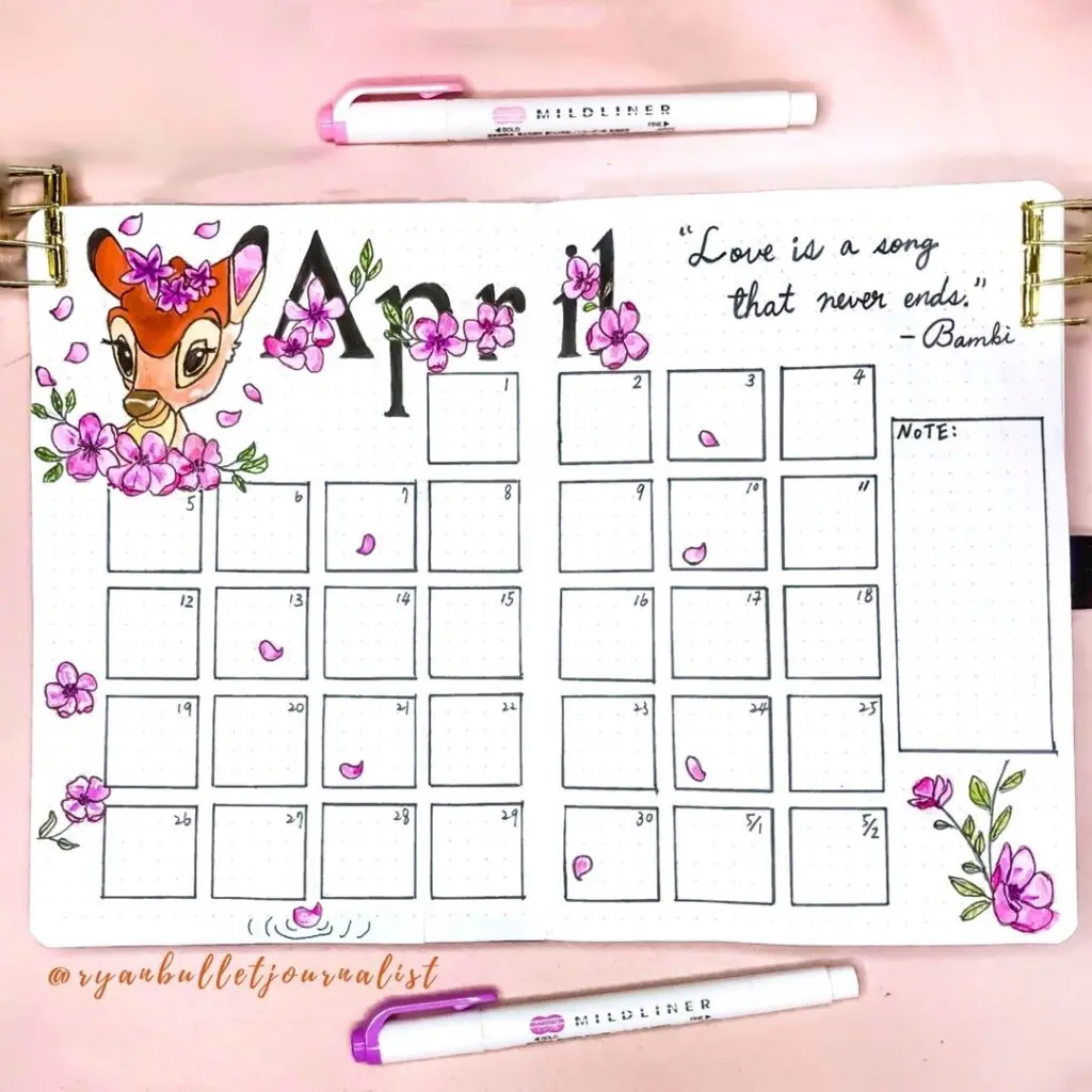 Spring Bambi Bullet Journal Monthly Spread