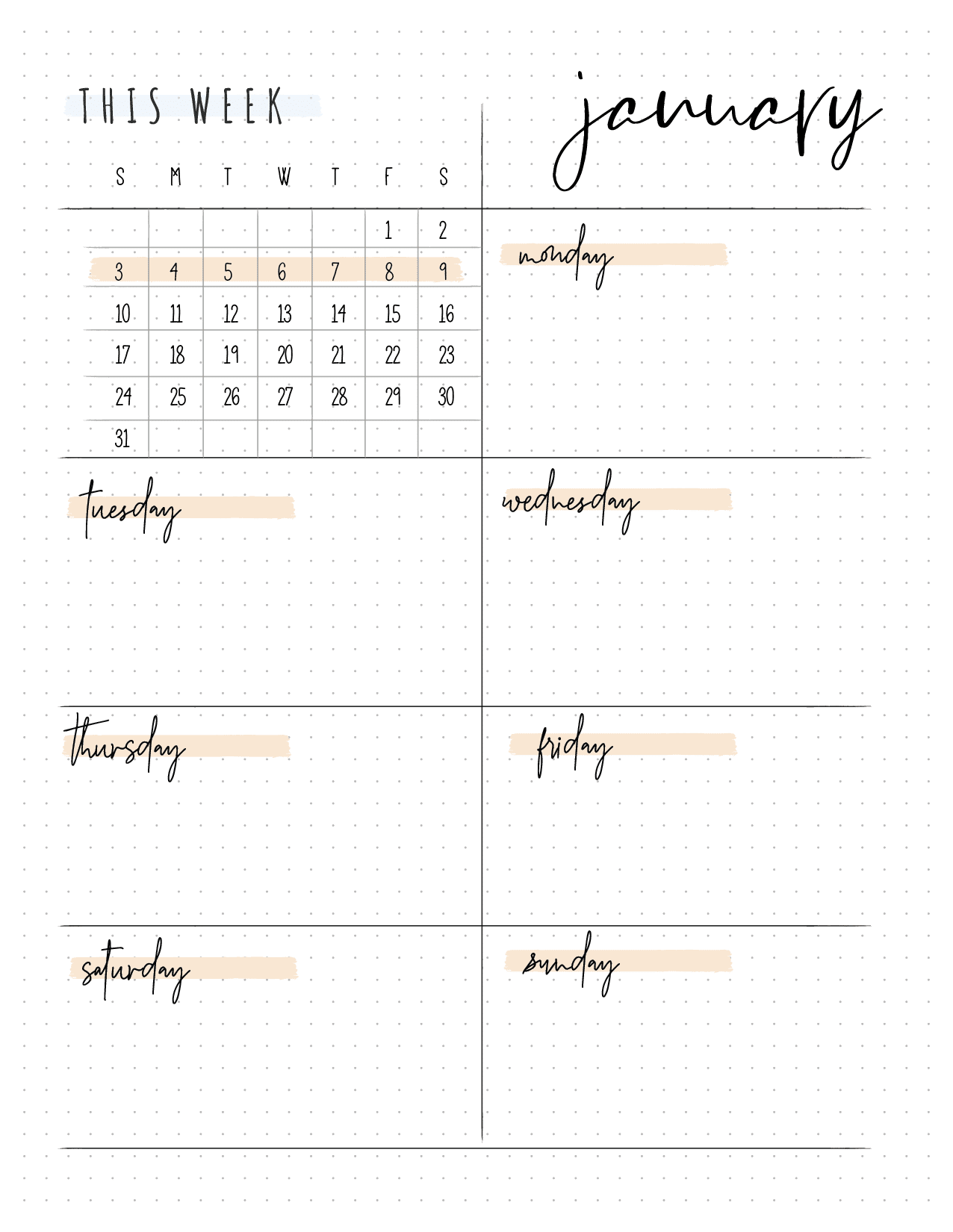 Free Bullet Journal Weekly Planner Insert On Two Pages