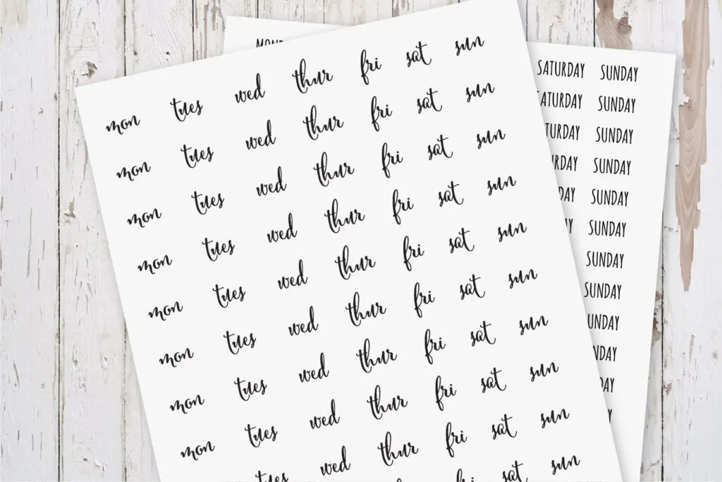 Days of the Week Script Mini Planner Stickers, Rae Dunn Inspired