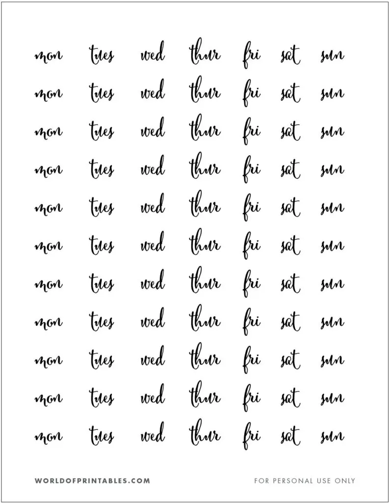 Days of the week Printable Planner Stickers