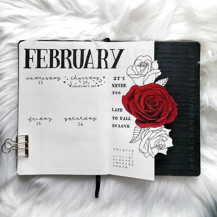 Floral black and white february valentines day bullet journal
