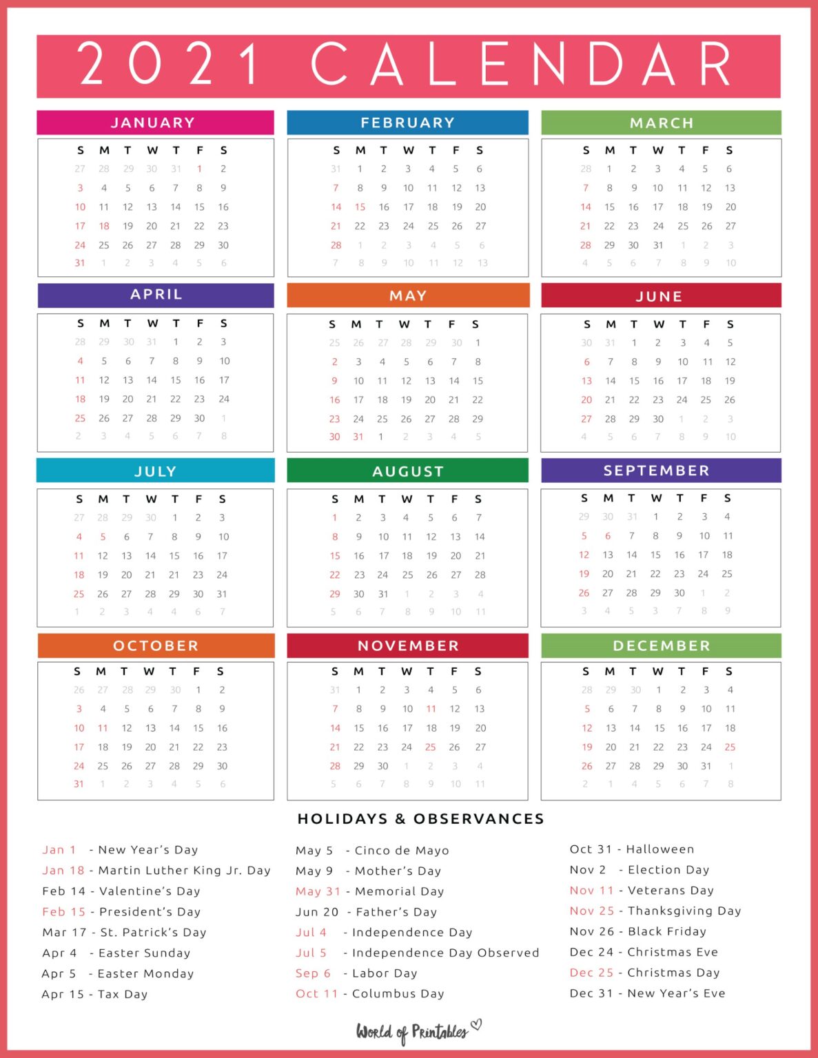 Printable 2021 Year Calendar - World Of Printables