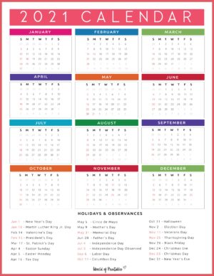 Printable 2021 Year Calendar - World of Printables