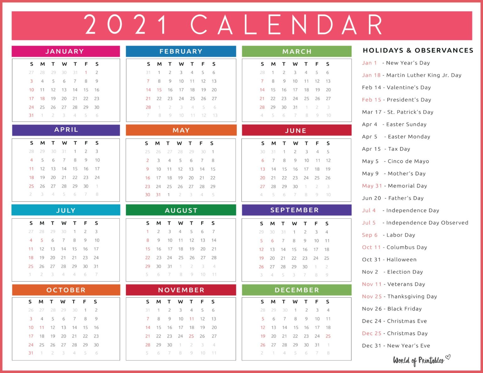 Free printable one page 2021 calendar with holidays World of Printables