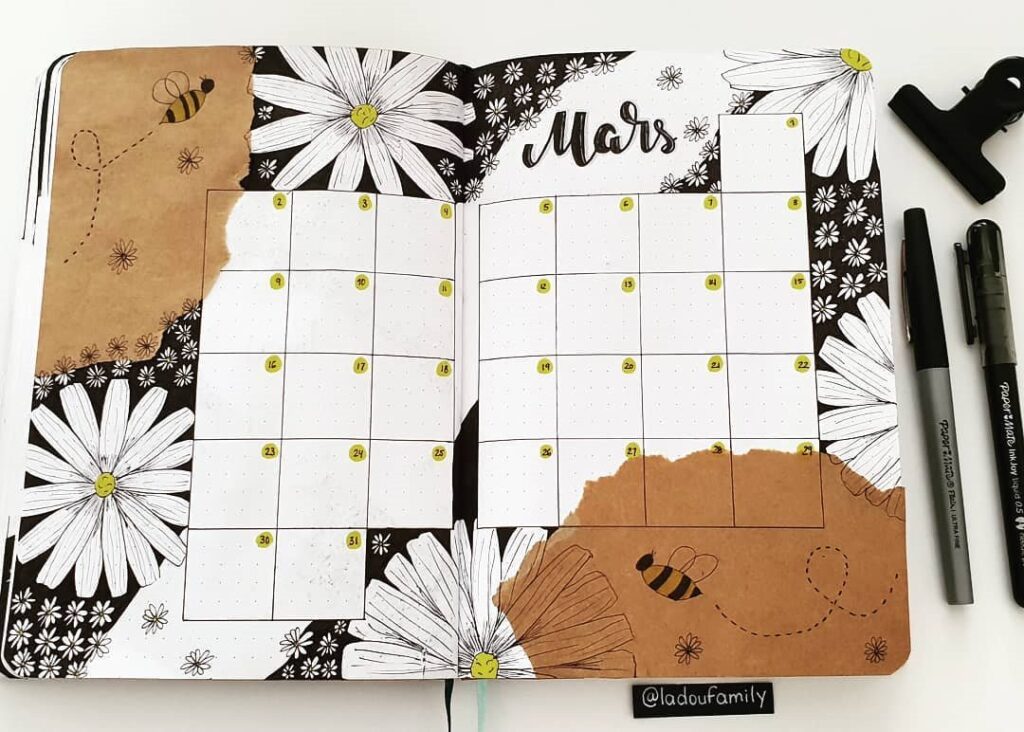 Flower and Bee Calendar March Bullet Journal Spread