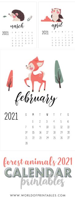 Forest Woodland Animals printable calendar 2021