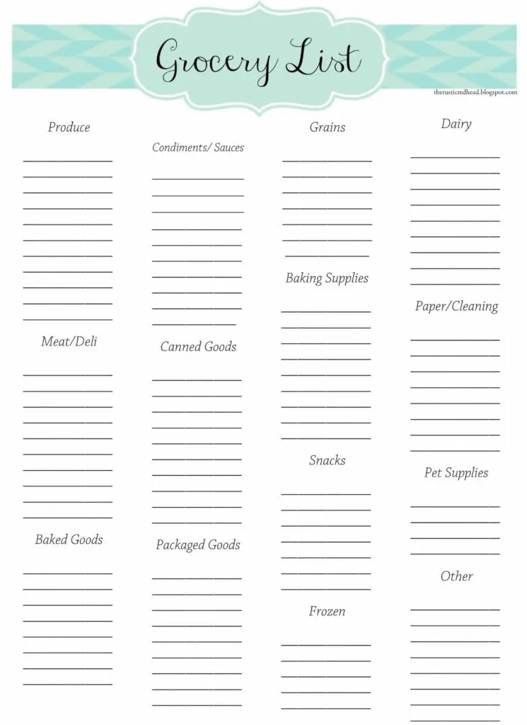 Printable Grocery List Template
