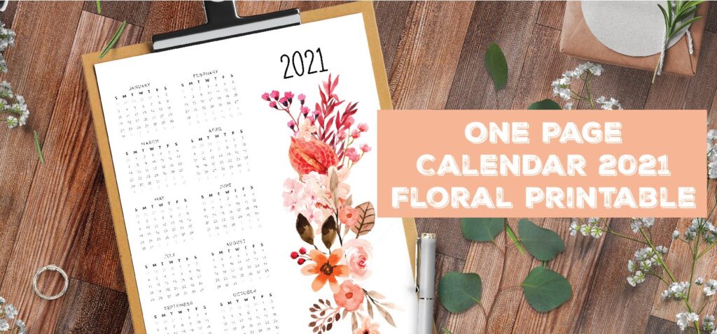 One Page Calendar 2021 Floral Printable