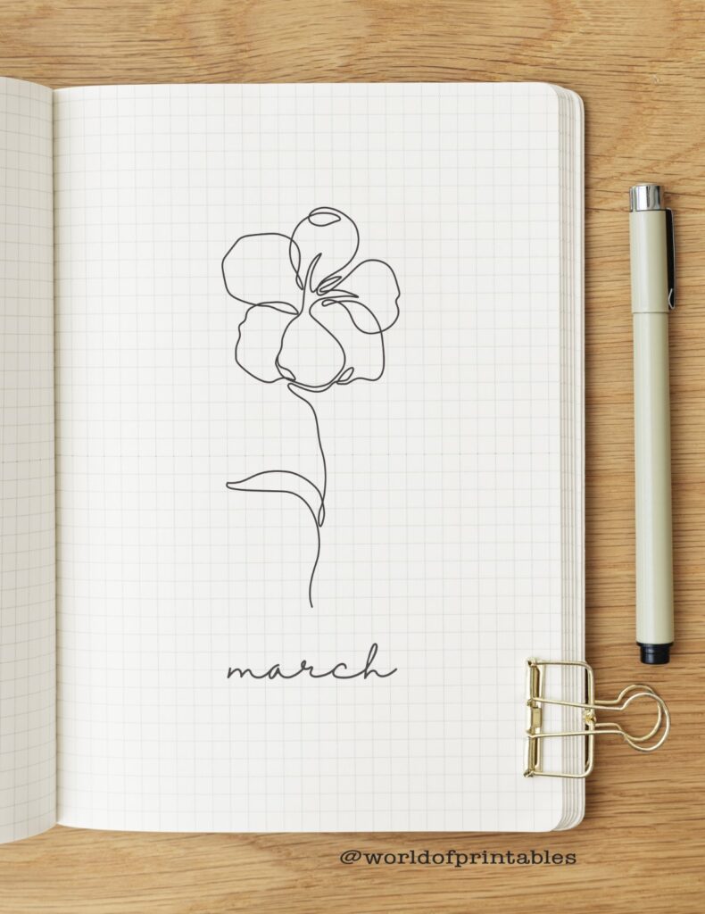 Simple Floral Line Drawing March Bullet Journal Cover