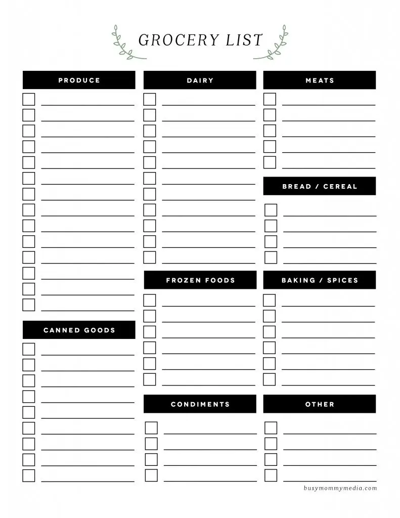 Blank Grocery List