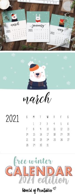 free cute animals winter calendar 2021 printable