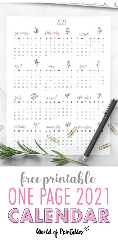 free printable floral one page calendar 2021