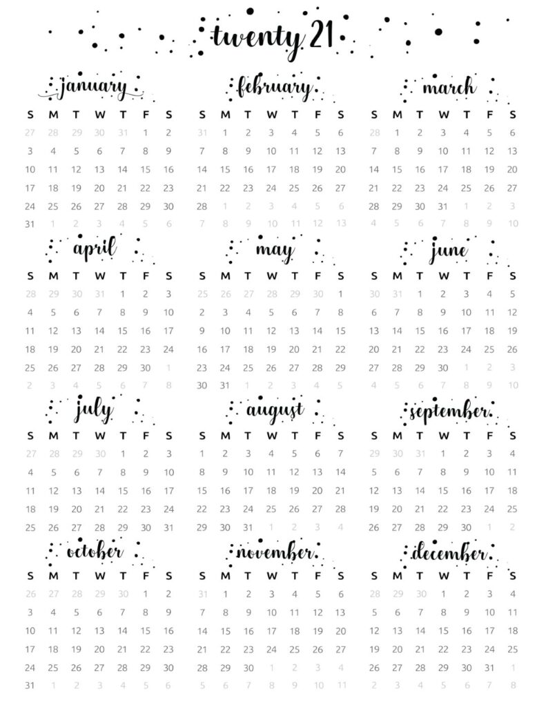 Cursive One Page 2021 Printable Calendar - World of Printables