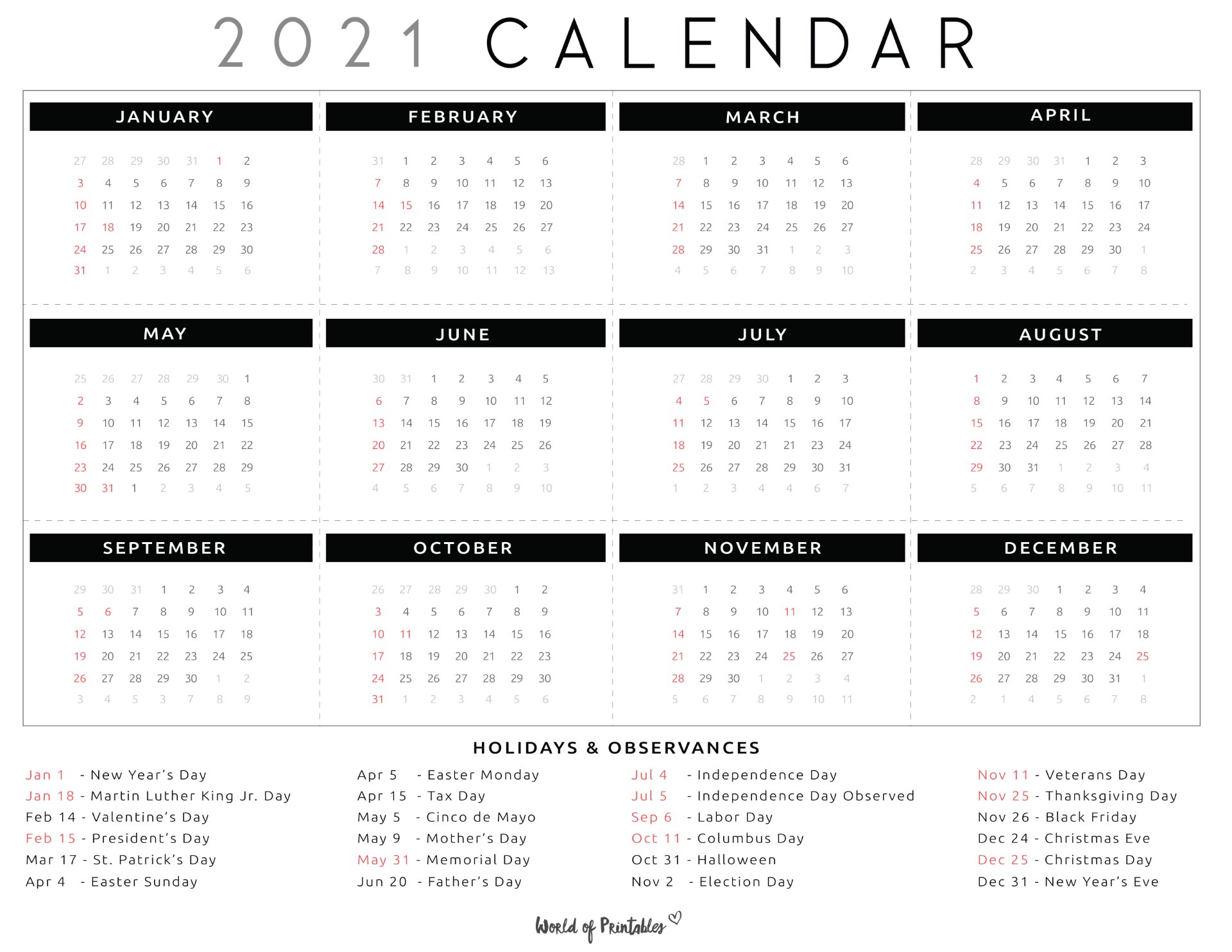 Free Printable One Page 2021 Calendar With Holidays World Of Printables