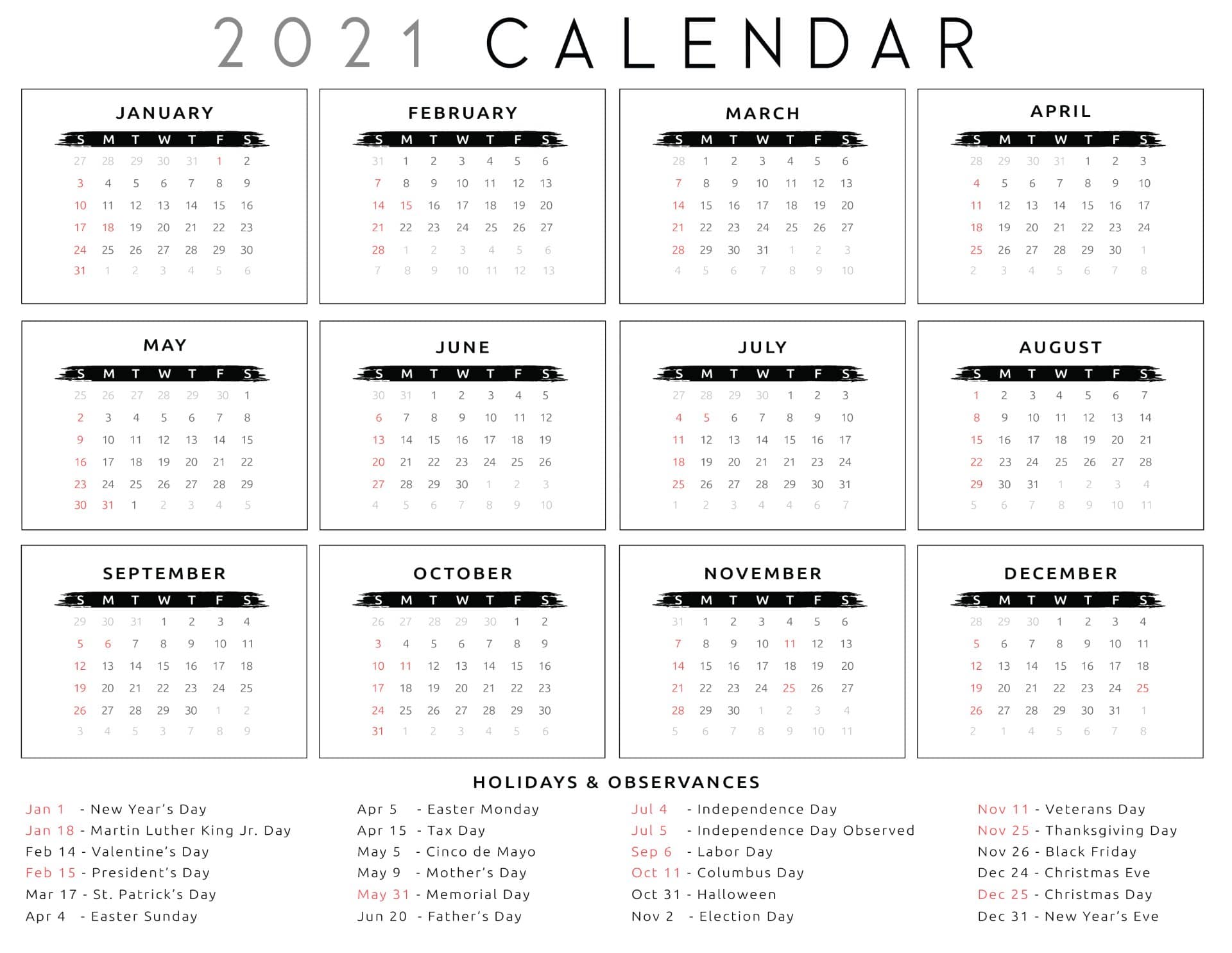 Free Printable One Page 2021 Calendar With Holidays World Of Printables