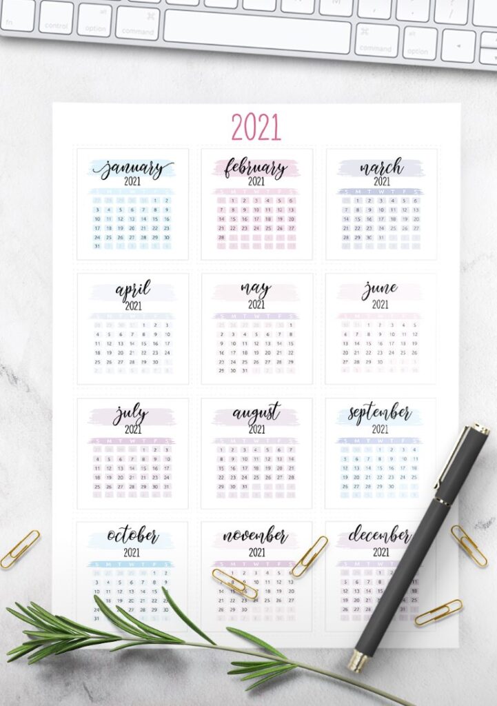 one page 2021 calendar free printable