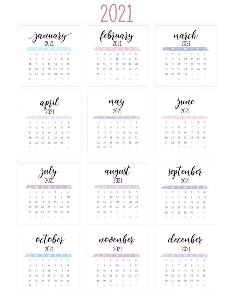 Watercolor Full Year 2021 Calendar Printable World Of - vrogue.co