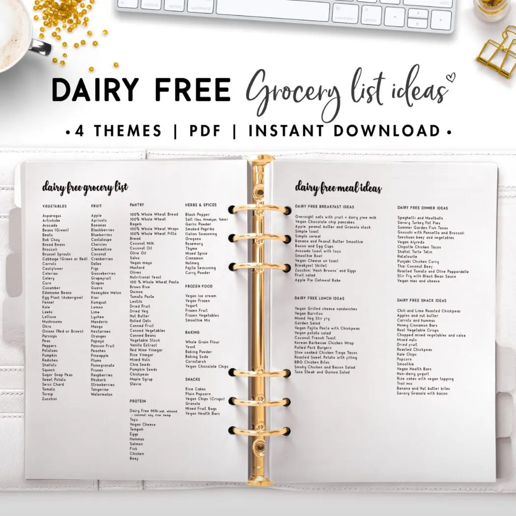 dairy free grocery list meal ideas - cursive